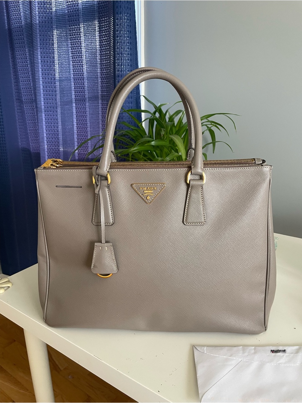 Authentic Prada Galleria Saffiano Leather Tote in grey gold hardware